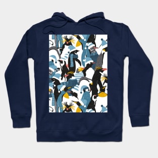 Merry penguins // pattern // black white grey dark teal yellow and coral type species of penguins blue dressed for winter and Christmas season (King, African, Emperor, Gentoo, Galápagos, Macaroni, Adèlie, Rockhopper, Yellow-eyed, Chinstrap) Hoodie